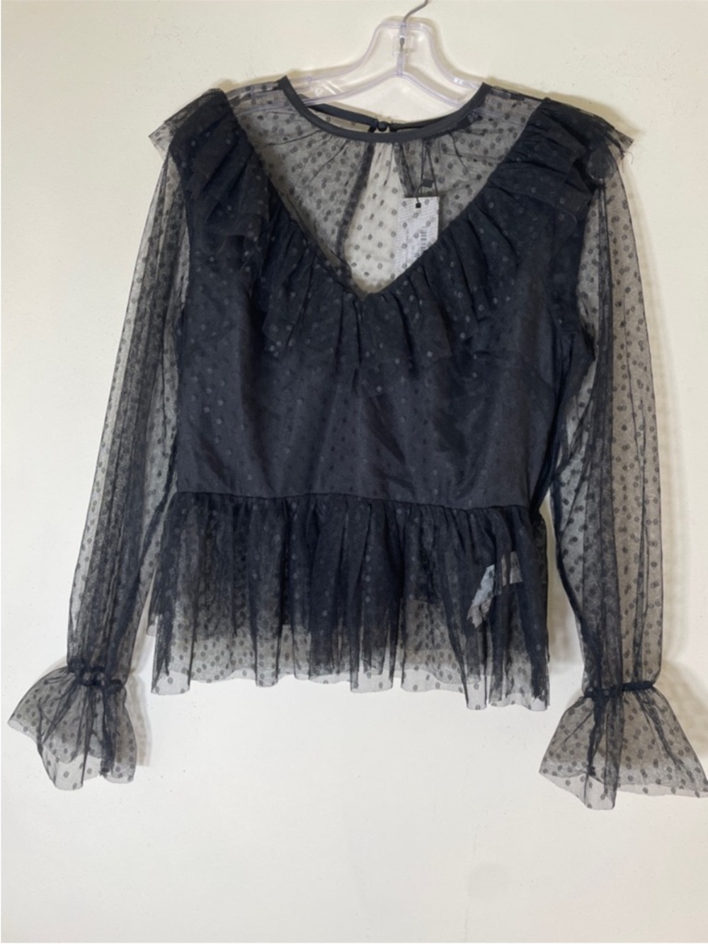 Boohoo Black Ruffle Mesh Polka Dot Peplum Blouse. 10. NWT.